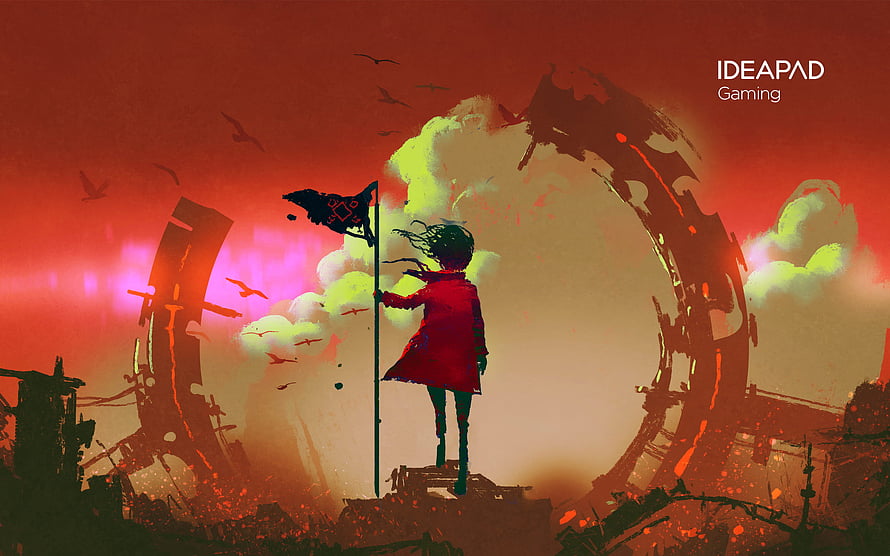 Ideapad Gaming Wallpaper Featuring Girl With Flag In Red Post-Apocalyptic Landscape HD wallpaper