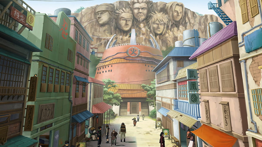 Konohagakure Village Street View With Hokage Rock Monument And Traditional Buildings HD wallpaper