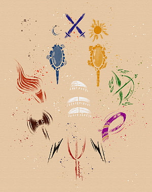 Hand-painted Orixá symbols and sacred icons in vibrant watercolor style on textured beige canvas HD phone wallpaper