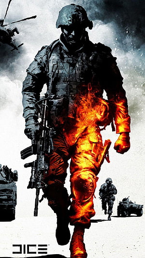 Burning Soldier Walking Through Fire with Assault Rifle and Military Vehicles HD phone wallpaper