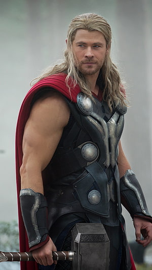 Thor Odinson in Asgardian Armor Holding Mjolnir with Red Cape HD phone wallpaper
