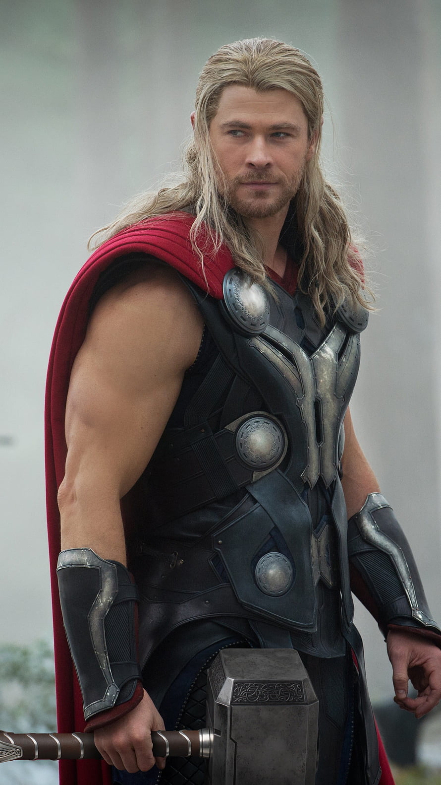 Thor Odinson in Asgardian Armor Holding Mjolnir with Red Cape HD phone wallpaper