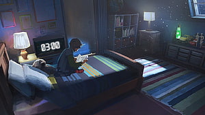 Cozy Bedroom Scene at Midnight with Character Reading Under Warm Lamp Light HD wallpaper