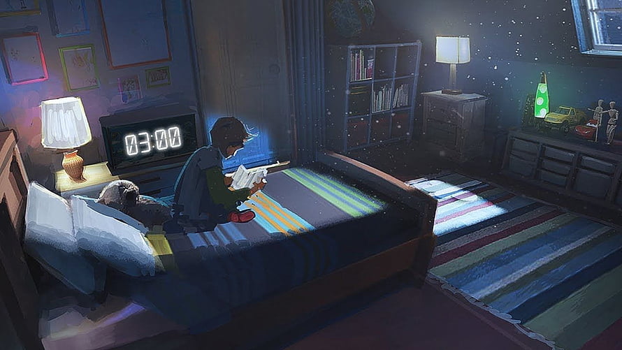 Cozy Bedroom Scene at Midnight with Character Reading Under Warm Lamp Light HD wallpaper