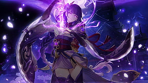 Raiden Shogun wielding purple lightning in traditional attire with glowing eyes and magical energy HD wallpaper