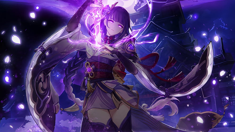 Raiden Shogun wielding purple lightning in traditional attire with glowing eyes and magical energy HD wallpaper