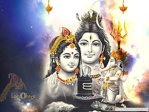 Divine Portrait of Lord Shiva and Goddess Parvati with Ganesha and Shiva Lingam HD wallpaper