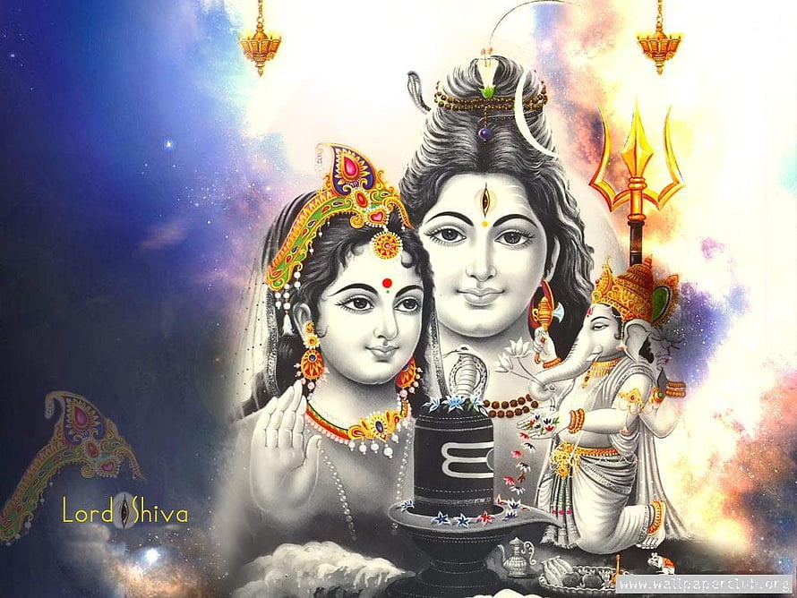 Divine Portrait of Lord Shiva and Goddess Parvati with Ganesha and Shiva Lingam HD wallpaper