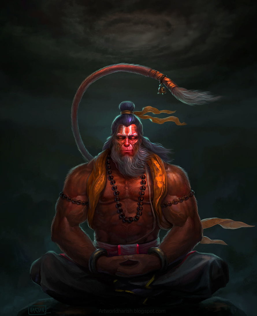 Hanuman the Monkey God Meditating in Lotus Pose with Sacred Mala Beads and Tail, Hanuman, HARISH MOGER, best hanuman HD phone wallpaper