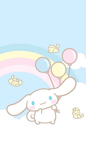 Cinnamoroll Floating with Pastel Balloons and Rainbow Clouds HD phone wallpaper