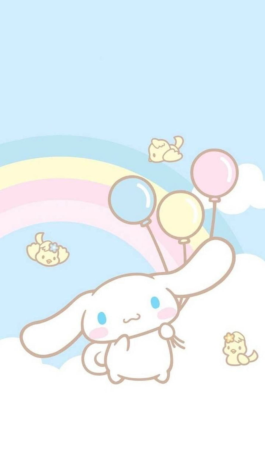 Cinnamoroll Floating with Pastel Balloons and Rainbow Clouds HD phone wallpaper