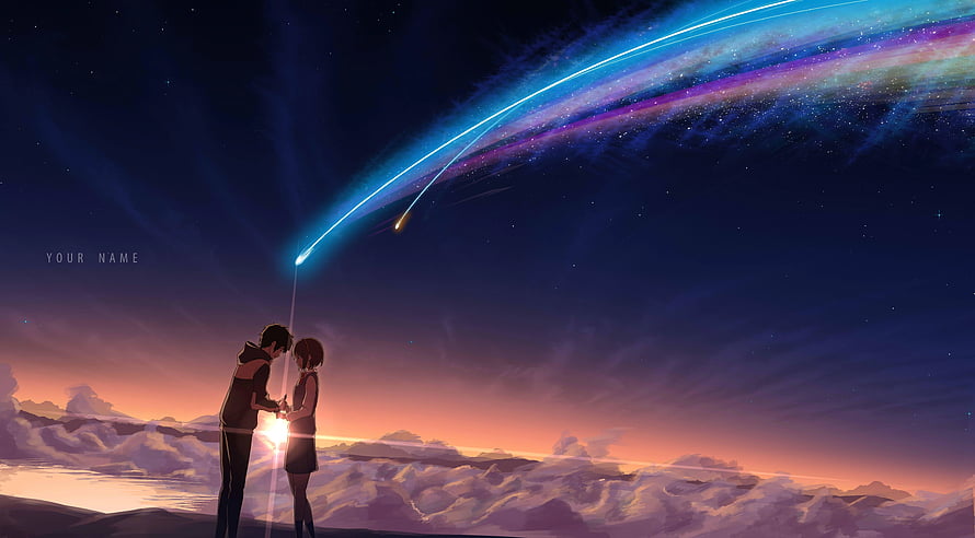 Your Name Anime Couple Silhouette Under Meteor Shower and Starry Night Sky HD wallpaper