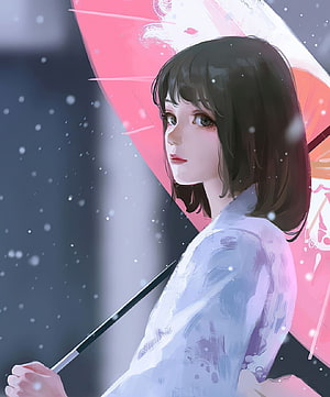Anime Girl With Pink Umbrella In Snowy Scene HD phone wallpaper