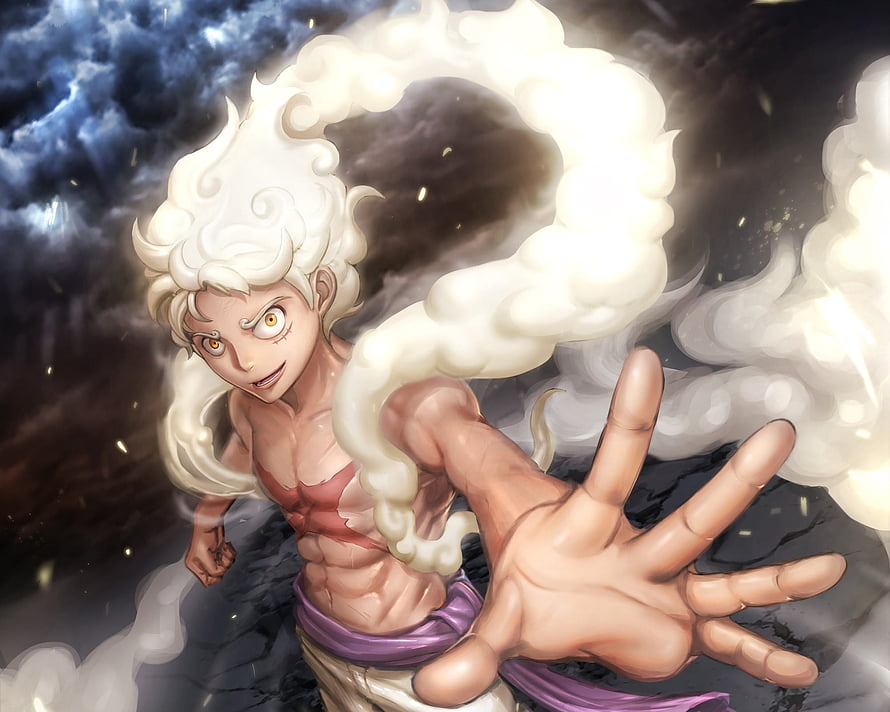 Luffy Gear 5 White Hair and Smoke Aura in Dark Stormy Anime Artwork HD wallpaper