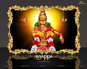 Lord Ayyappa Golden Idol with Flower Garland and Ornate Frame HD wallpaper