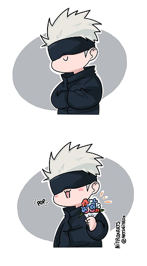 Chibi Gojo Satoru from Jujutsu Kaisen Holding a Flower Bouquet HD phone wallpaper