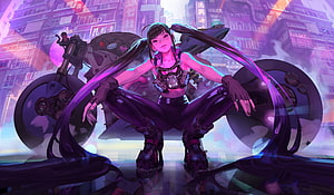 Cyberpunk Anime Girl Squatting With Long Hair In Neon City HD wallpaper