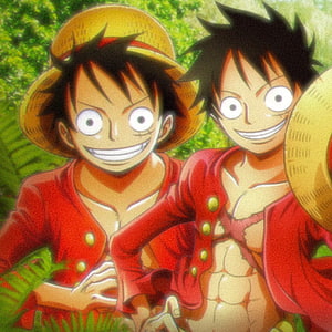 Monkey D. Luffy and Future Luffy in Red Outfits with Straw Hats in Lush Green Forest HD phone wallpaper