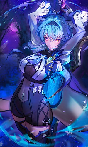 Eula from Genshin Impact in a Dynamic Ice Combat Pose with Glowing Blue Energy HD phone wallpaper
