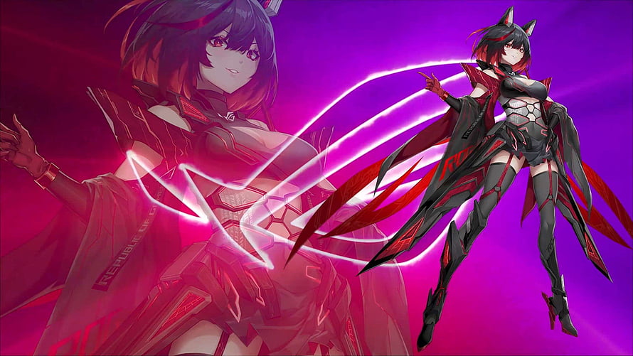 Asus ROG Girl Anime Character in Futuristic Red and Black Armor with Neon Energy Effects HD wallpaper
