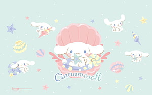 Cinnamoroll Seashell Beach Scene with Stars and Shells on Mint Background HD wallpaper