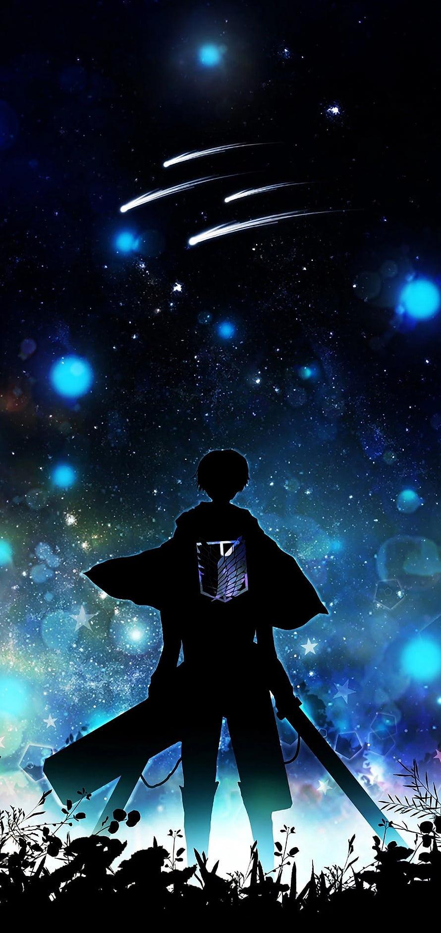Attack on Titan Silhouette Standing Under a Starry Night Sky with Shooting Stars HD phone wallpaper