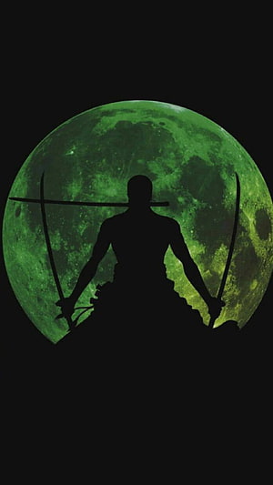 Roronoa Zoro Silhouette Holding Three Swords Against a Glowing Green Moon HD phone wallpaper