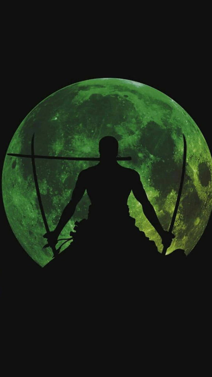 Roronoa Zoro Silhouette Holding Three Swords Against a Glowing Green Moon HD phone wallpaper