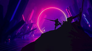 Silhouette of a Warrior with Sword in Neon Purple Crystal Cave HD wallpaper