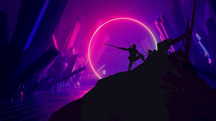 Silhouette of a Warrior with Sword in Neon Purple Crystal Cave HD wallpaper
