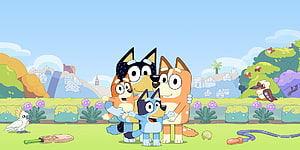 Bluey Heeler Family Group Hug in Sunny Australian Backyard with Birds and Garden HD wallpaper