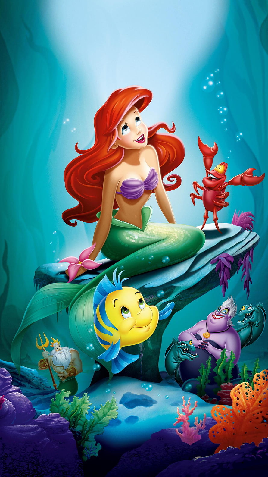 Ariel the Little Mermaid Sitting on a Rock with Flounder, Sebastian, King Triton, and Ursula Underwater HD phone wallpaper