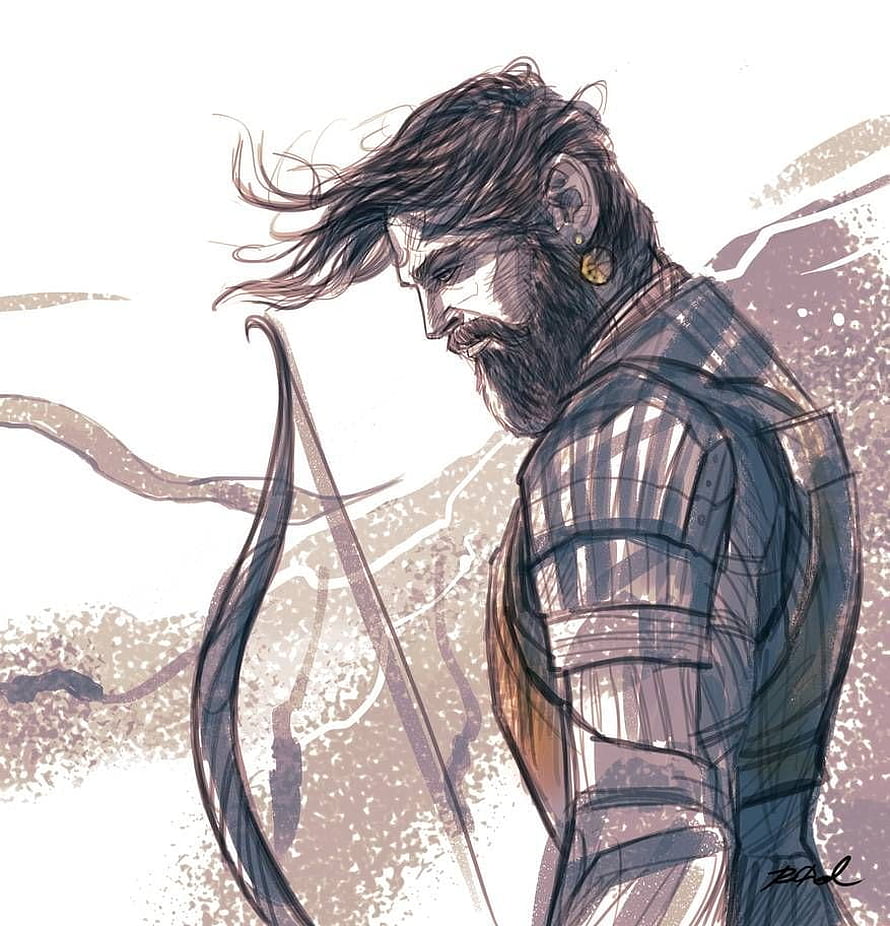 Hand-drawn illustration of a bearded warrior archer holding a bow in a rugged landscape HD phone wallpaper