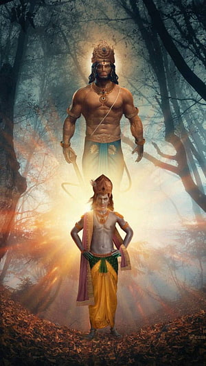 Sri Krishna and Hanuman in a mystical forest with divine golden light and ethereal atmosphere, Sri Krishna by ArC12345, hanuman bodybuilder HD phone wallpaper