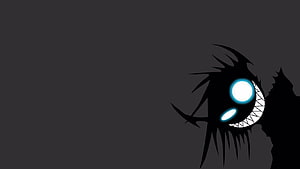 Menacing Shadow Creature with Glowing Cyan Eyes and Sharp Teeth on Dark Background HD wallpaper