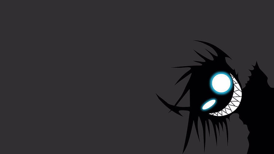 Menacing Shadow Creature with Glowing Cyan Eyes and Sharp Teeth on Dark Background HD wallpaper