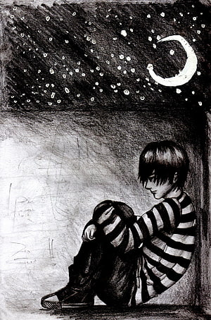 Lonely Boy Sitting in Corner Under Starry Night Sky HD phone wallpaper