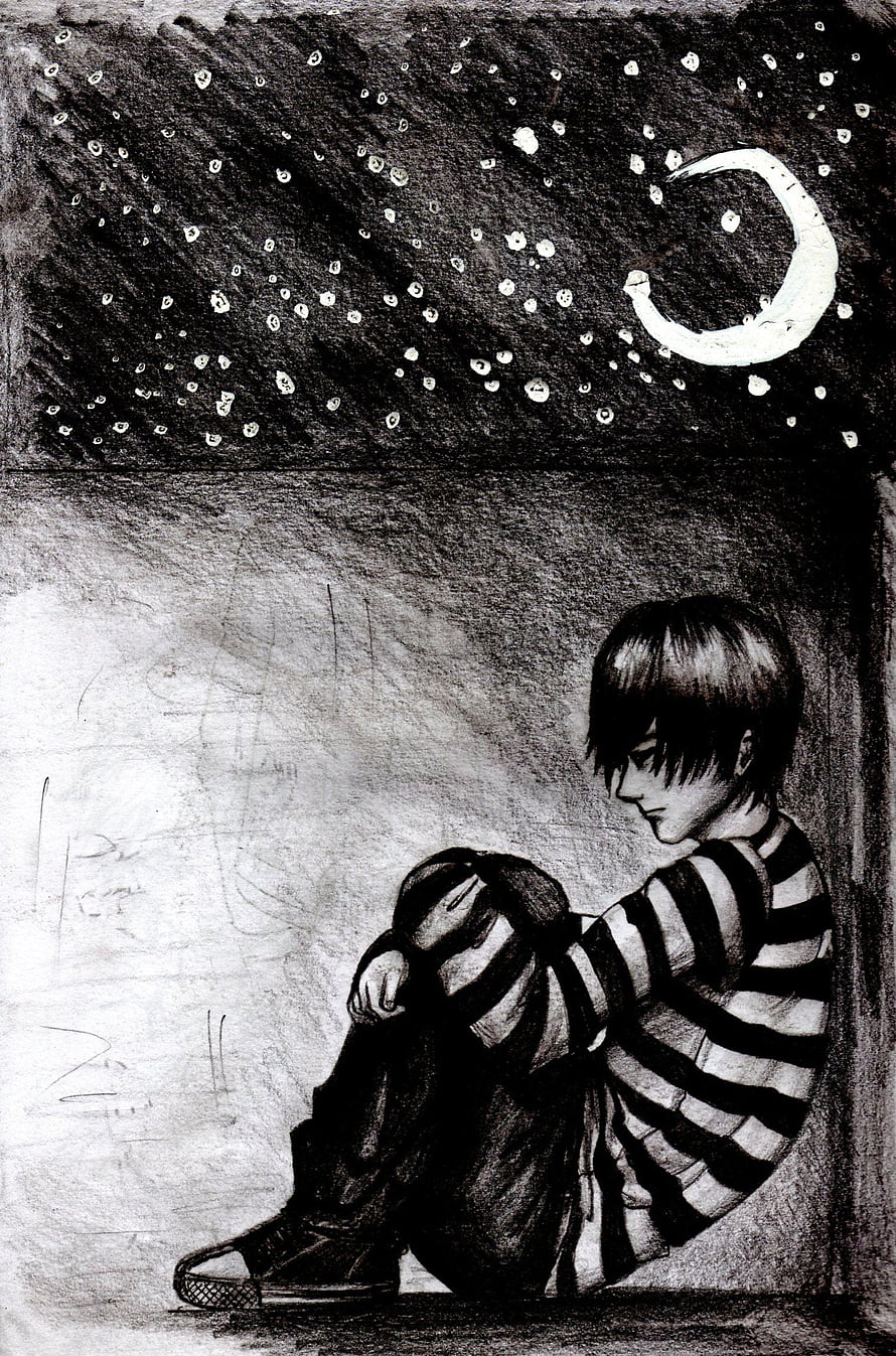 Lonely Boy Sitting in Corner Under Starry Night Sky HD phone wallpaper