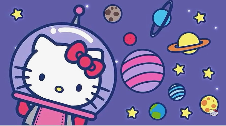 Cute Hello Kitty Astronaut in Space Helmet with Planets and Stars HD wallpaper