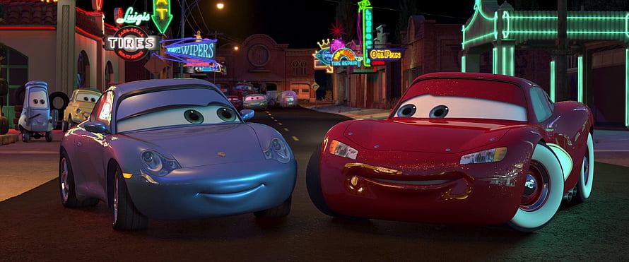 Sally Carrera and Lightning McQueen in Radiator Springs at Night HD wallpaper