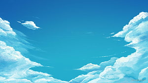 Anime Style Blue Sky With Fluffy White Clouds And Bright Cyan Atmosphere HD wallpaper