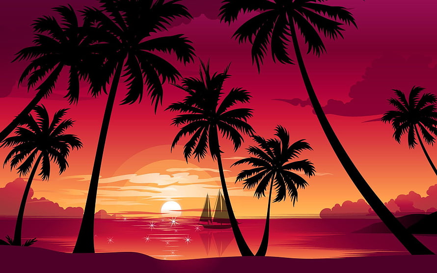 Tropical Palm Tree Silhouettes Against Vibrant Sunset Ocean with Sailboat HD wallpaper