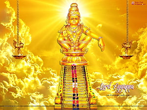 Lord Ayyappa Golden Statue on Sacred Staircase with Divine Clouds and Hanging Lamps HD wallpaper