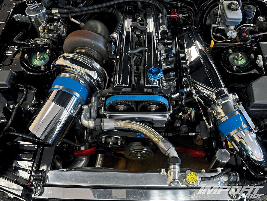 Polished 2JZ Engine Bay With Blue Accents And Chrome Intake Components HD wallpaper
