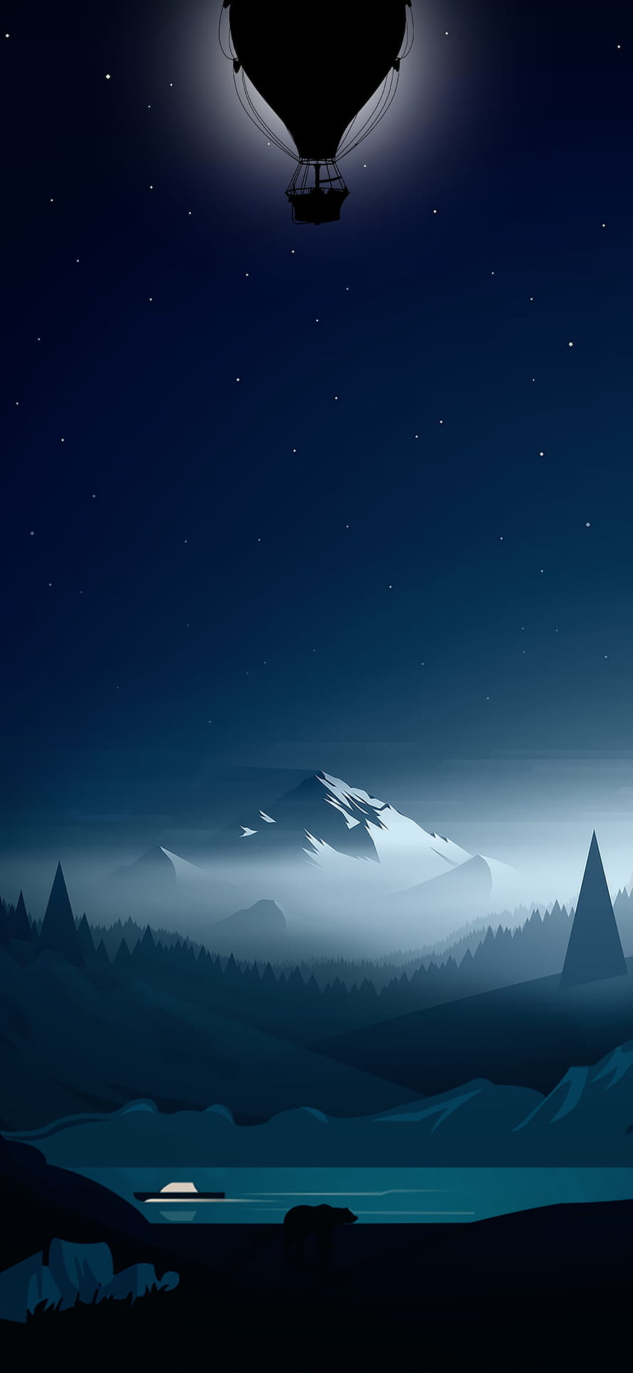 Silhouette of a hot air balloon drifting over a misty mountain lake at night with a bear on the shore HD phone wallpaper
