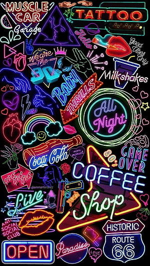 Retro Neon Sign Collection Featuring 90s Aesthetic, Route 66, Coffee Shop, and Vintage Pop Culture Icons HD phone wallpaper
