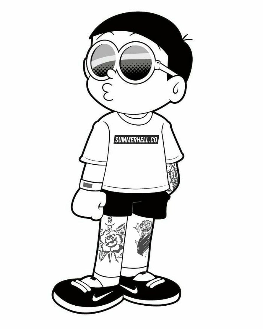 Nobita Nobi Gangster Style Cartoon Illustration with Tattoos and Sunglasses HD phone wallpaper