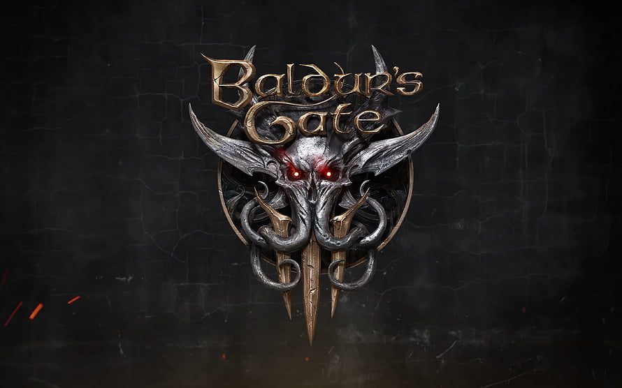 Baldur's Gate 3 Official Logo Featuring Ornate Demon Skull Emblem on Dark Stone Background HD wallpaper