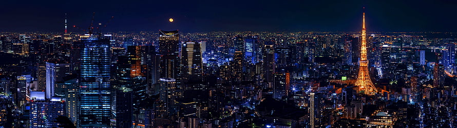 Tokyo Skyline at Night with Tokyo Tower and Full Moon Over the City HD wallpaper