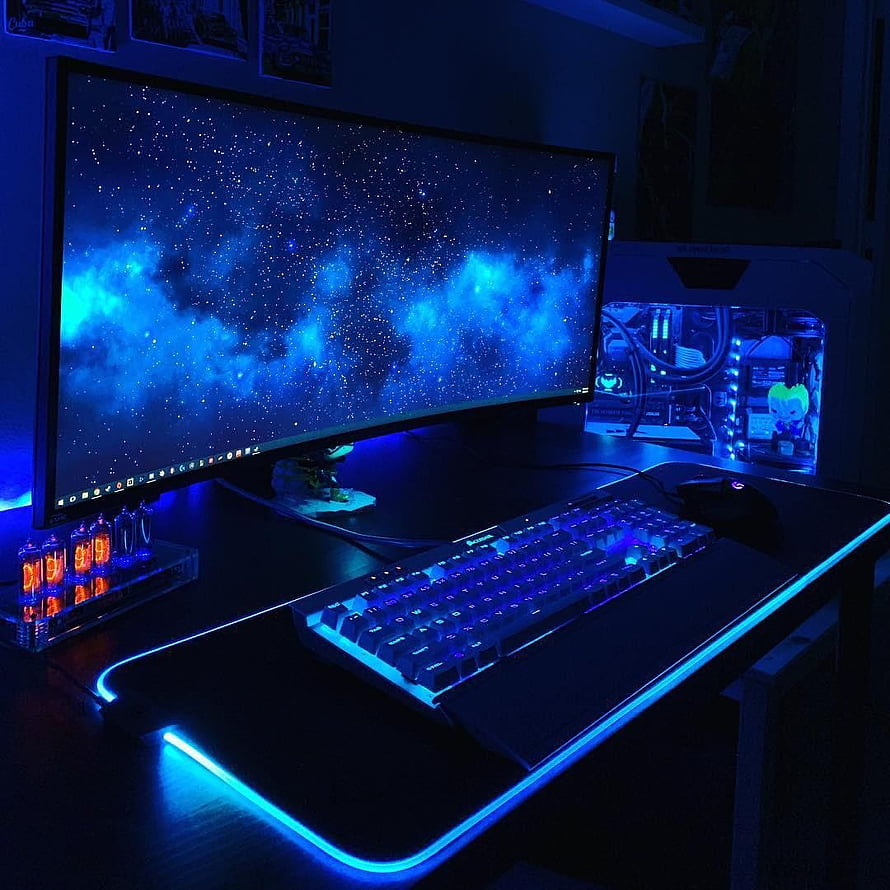 Blue LED Gaming Desk Setup With Curved Monitor, RGB Keyboard, and PC Tower HD phone wallpaper